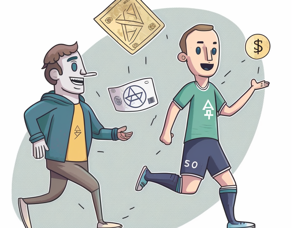 A cartoon showing a person delivering money bills to a soccer player. They are both happy and the money bills have the ethereum symbol