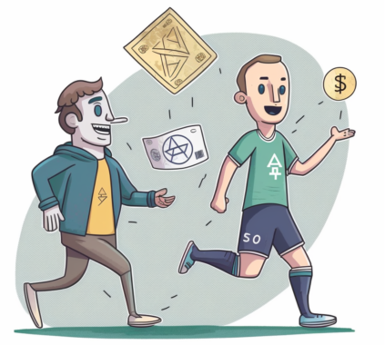 A cartoon showing a person delivering money bills to a soccer player. They are both happy and the money bills have the ethereum symbol