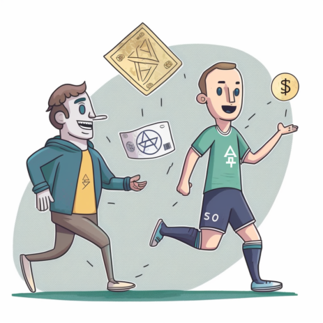 A cartoon showing a person delivering money bills to a soccer player. They are both happy and the money bills have the ethereum symbol